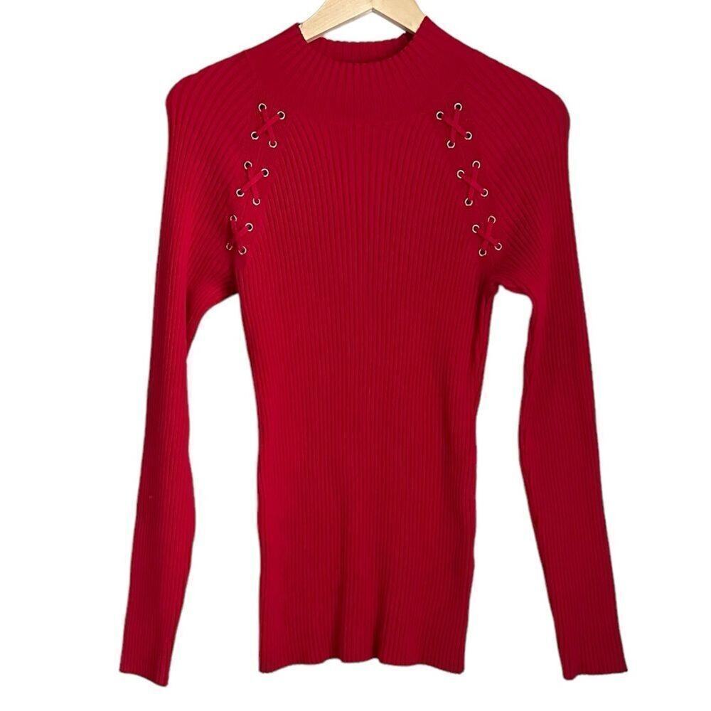 INC XL Red Ribbed Mock Neck Sweater Lace Up Gold Grommet Shoulder Knit
